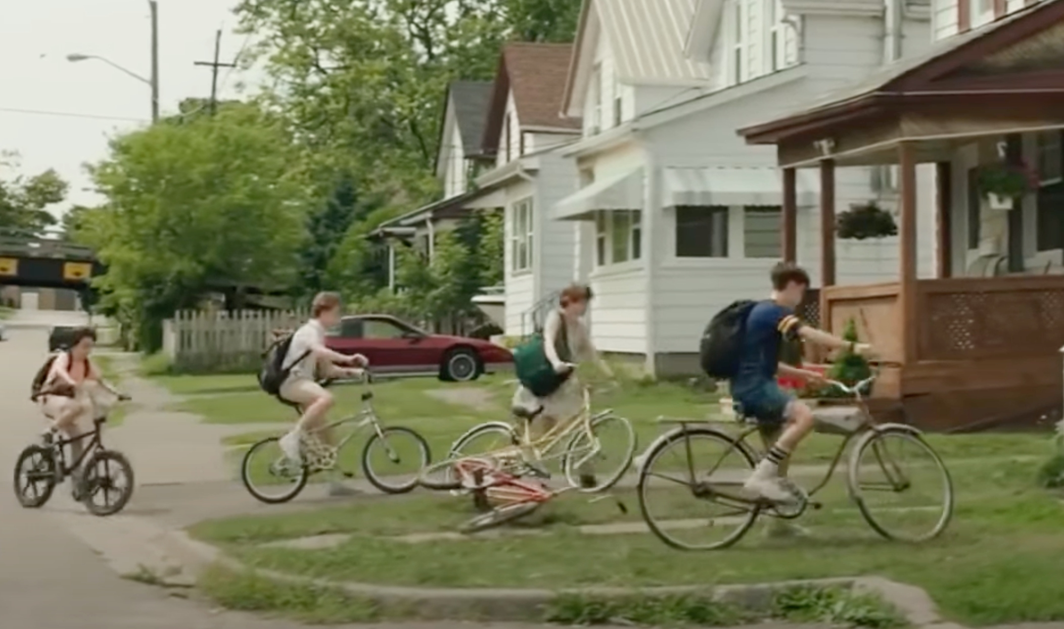 The Loser Club from the movie &quot;It&quot; are riding their bicycles