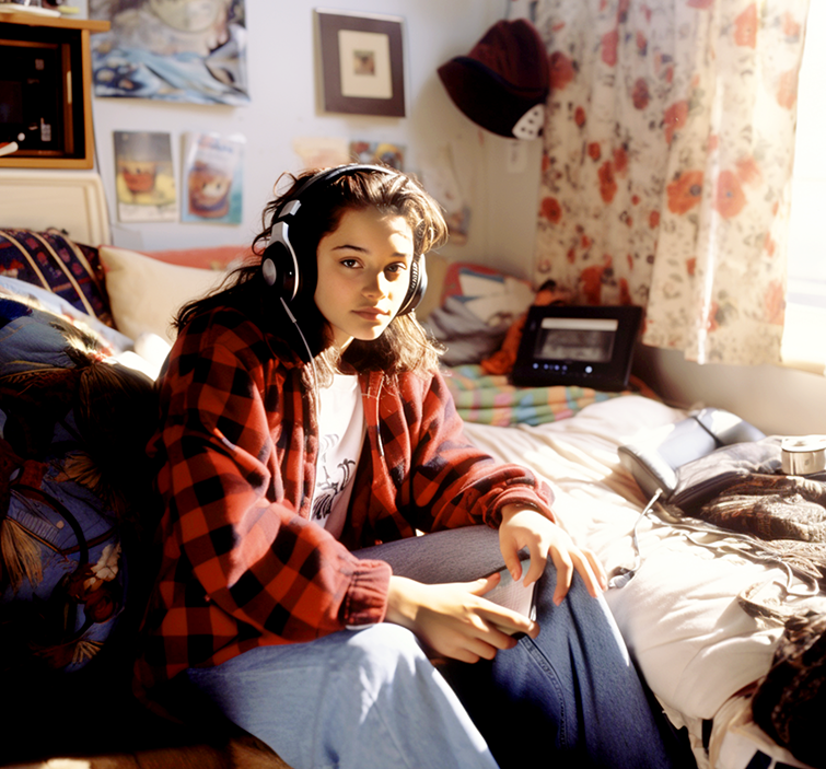 A young girl listening to music in her bedroom