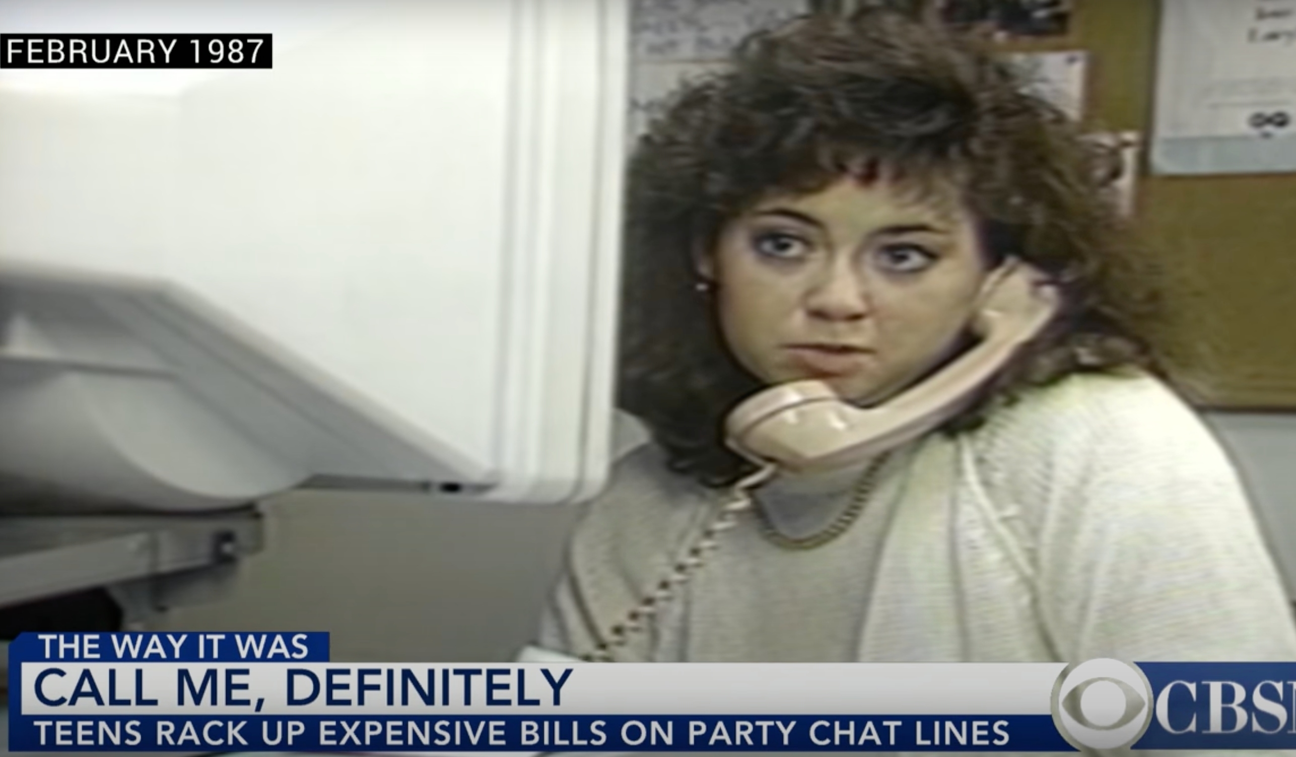 A teenager from the &#x27;80s is talking on a corded phone while being featured on the news. The headline reads, &quot;Call me, definitely. Teens rack up expensive bills on party chat lines&quot;