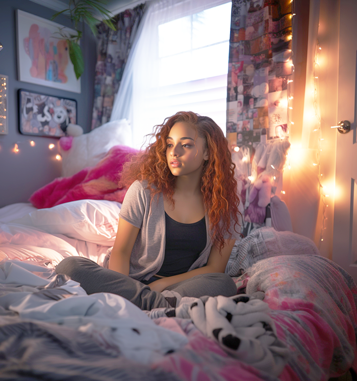 A young girl in her bedroom