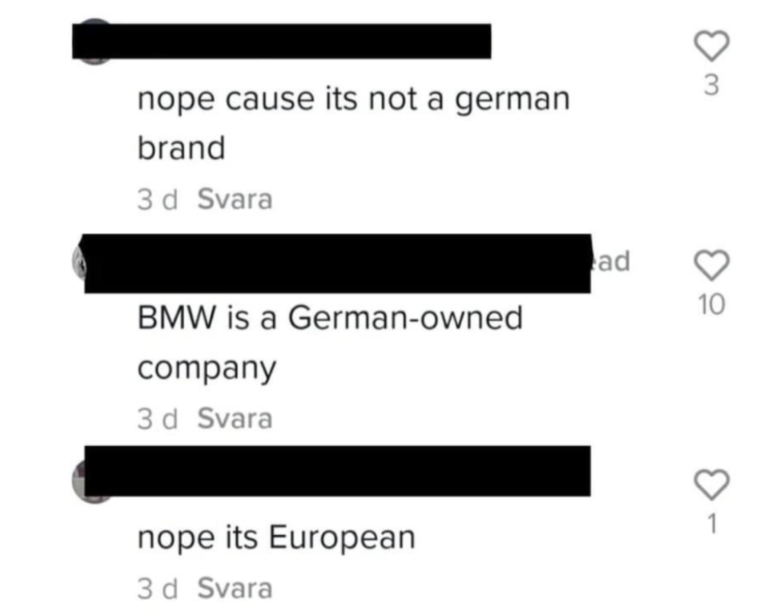 &quot;BMW is a German-owned company&quot;; &quot;nope it&#x27;s European&quot;