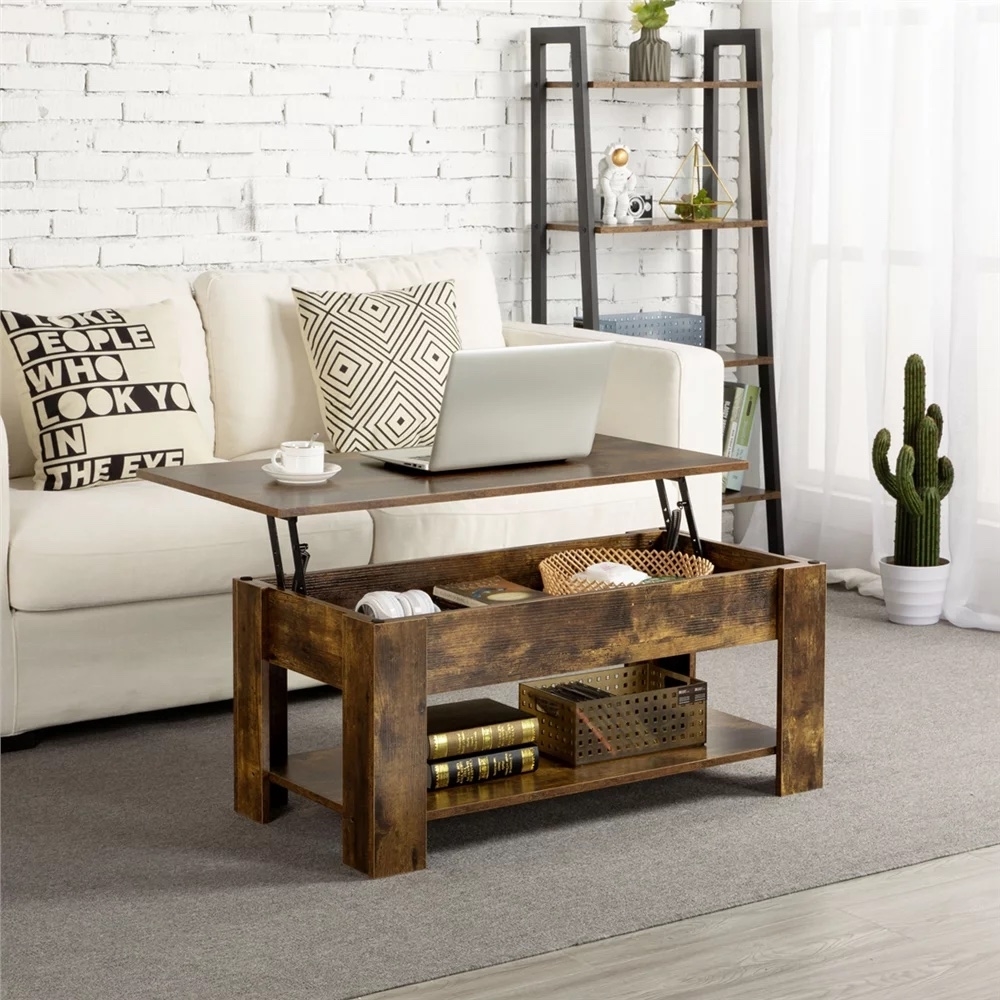 Rustic brown coffee table with the top lifted and a laptop and coffee cup on it