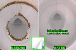 side by side photos of a dirty toilet bowl and a sparkling clean toilet bowl