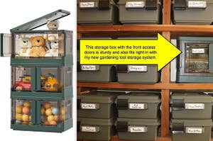 on left, green and clear storage bins with top lid open and toys inside. on right, same bins storing garage supplies on wood shelves