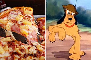hawaiian pizza on the left and pluto on the right