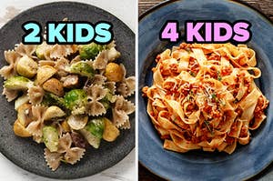 On the left, farfalle with veggies labeled 2 kids, and on the right, some fettuccine with meat sauce labeled 4 kids