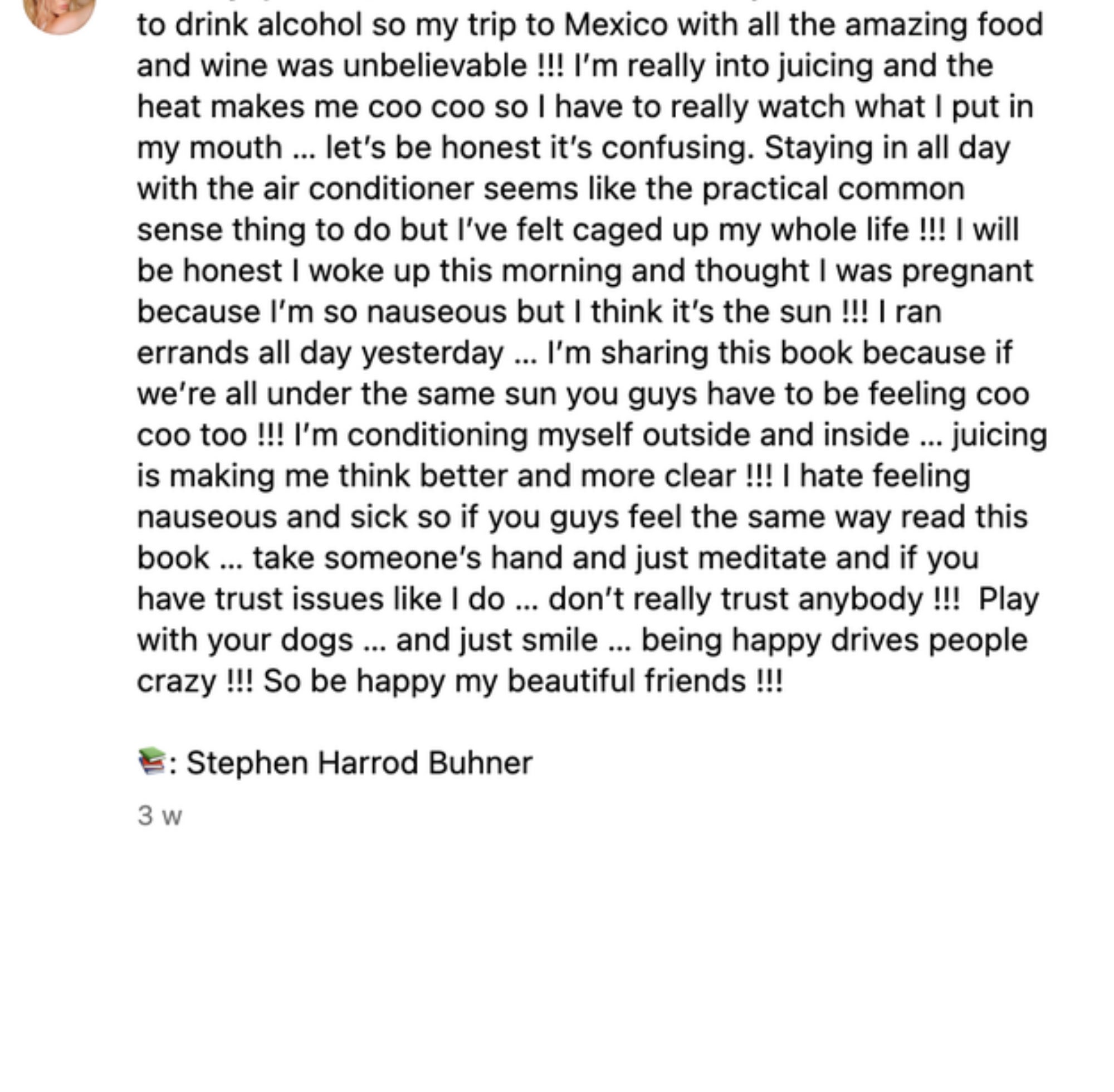Screenshot of her comment, in which she also says &quot;it&#x27;s the first year I&#x27;ve been able to drink alcohol so my trip to Mexico with all the food and wine was unbelievable&quot;