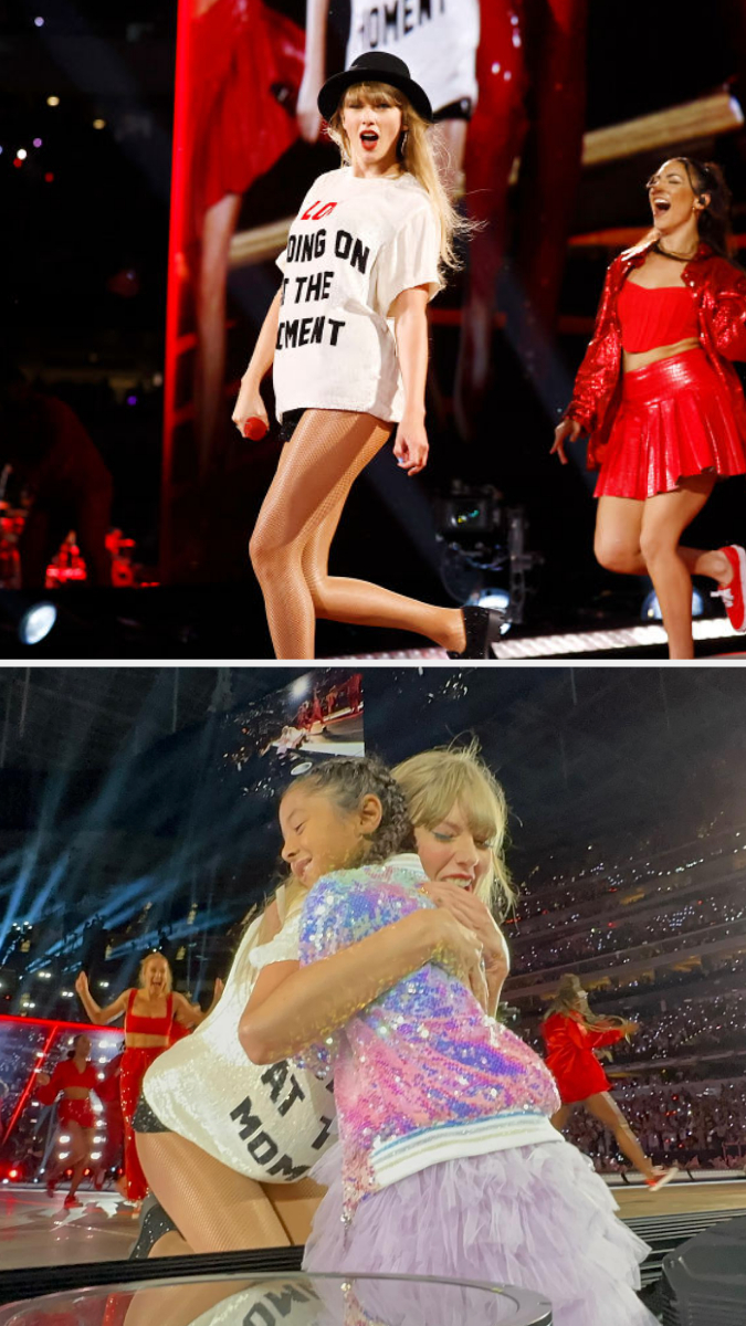 Swift performing &quot;22&quot; on stage; Swift hugging Bianka Bryant