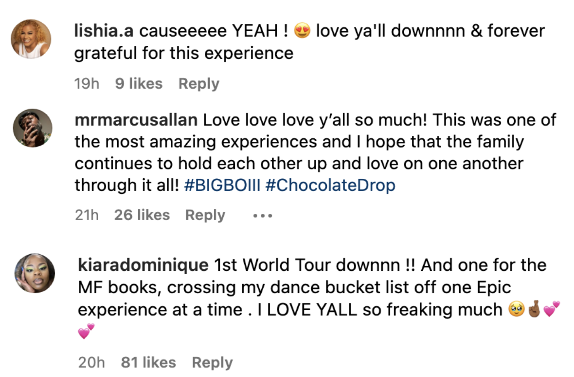 Screenshot of dancers&#x27; comments, including &quot;This was one of the most amazing experience and I hope that the family continues to hold each other up and love on one another through it all!&quot;