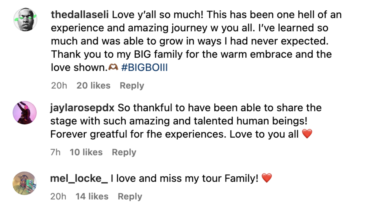 Screenshot of more comments, including &quot;This has been one hell of an experience and amazing journey w you all; I&#x27;ve learned so much and was able to grow in ways I had never expected&quot;
