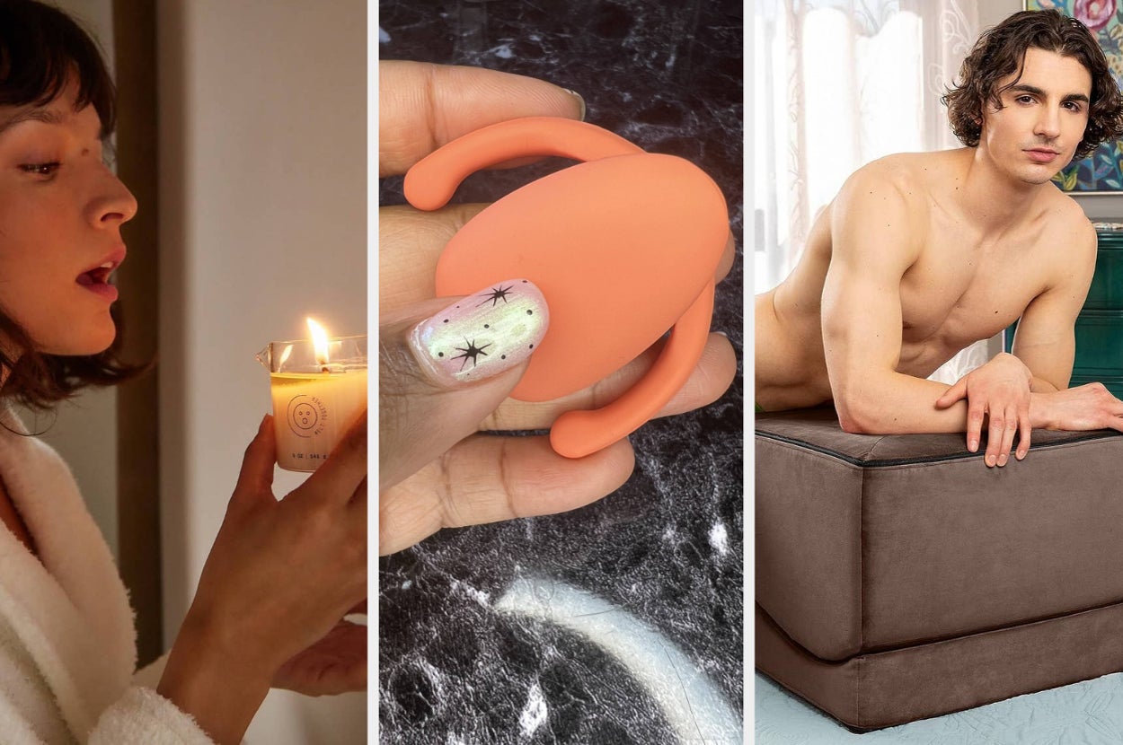 Model holding massage candle, hand holding orange clitoral vibrator and model posing on brown sex ottoman