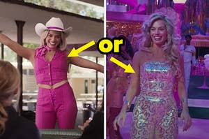 Barbie with the cowboy hat and Barbie with the sparkly jumpsuit.
