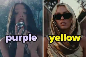 On the left, Olivia Rodrigo in the Vampire music video labeled purple, and on the right, Miley Cyrus in the Flowers music video labeled yellow