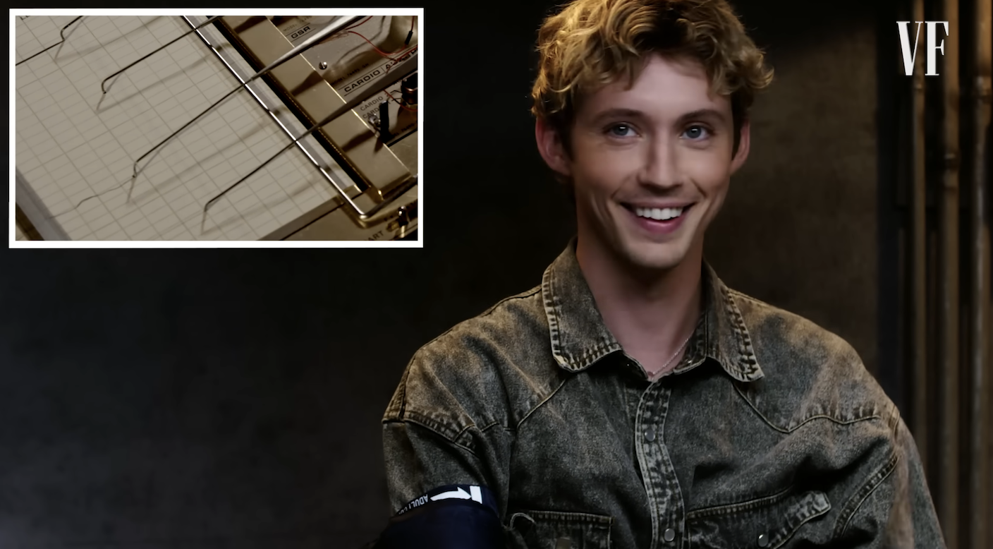 Close-up of Troye smiling during the test