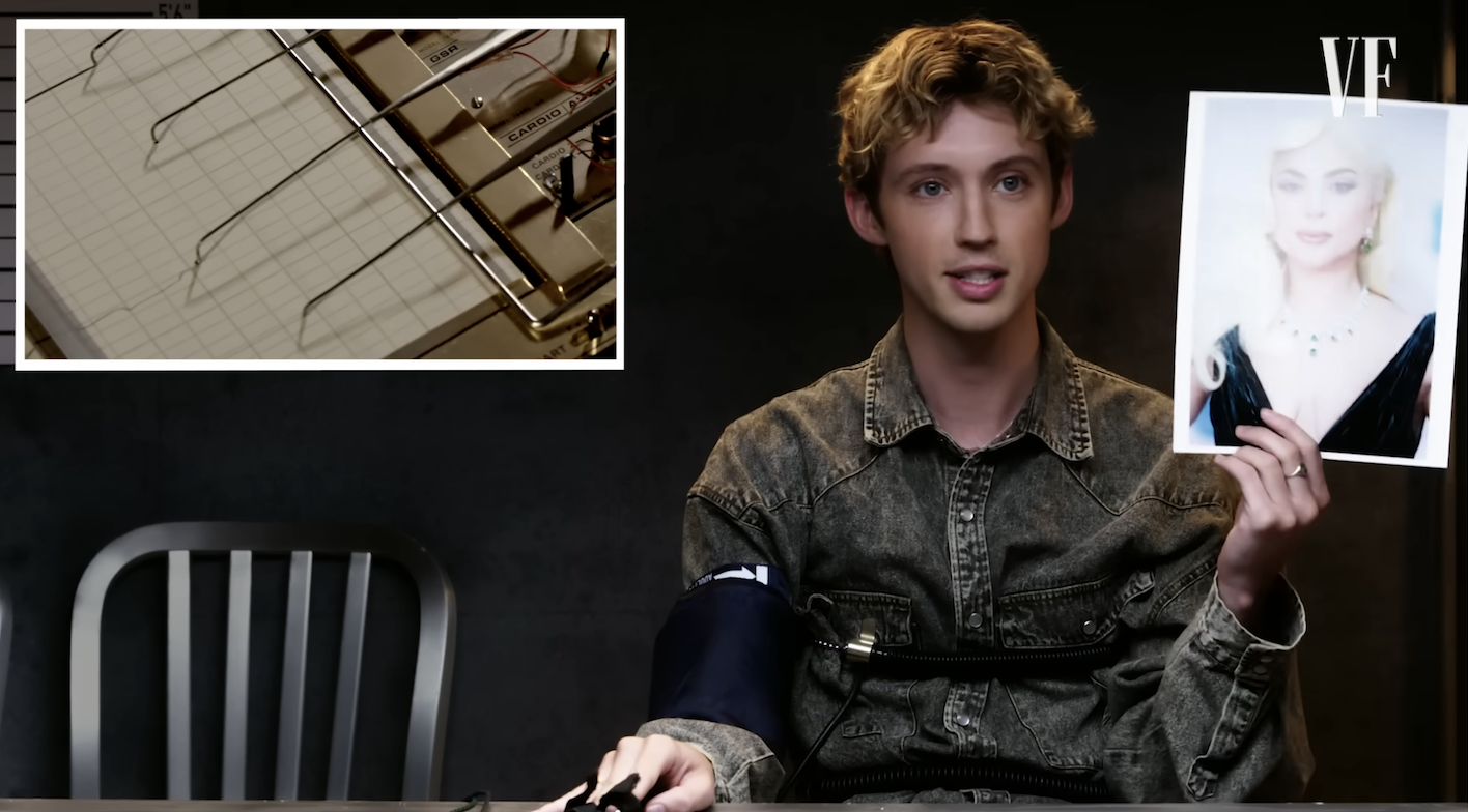 Close-up of Troye holding up a photo of Lady Gaga during the test