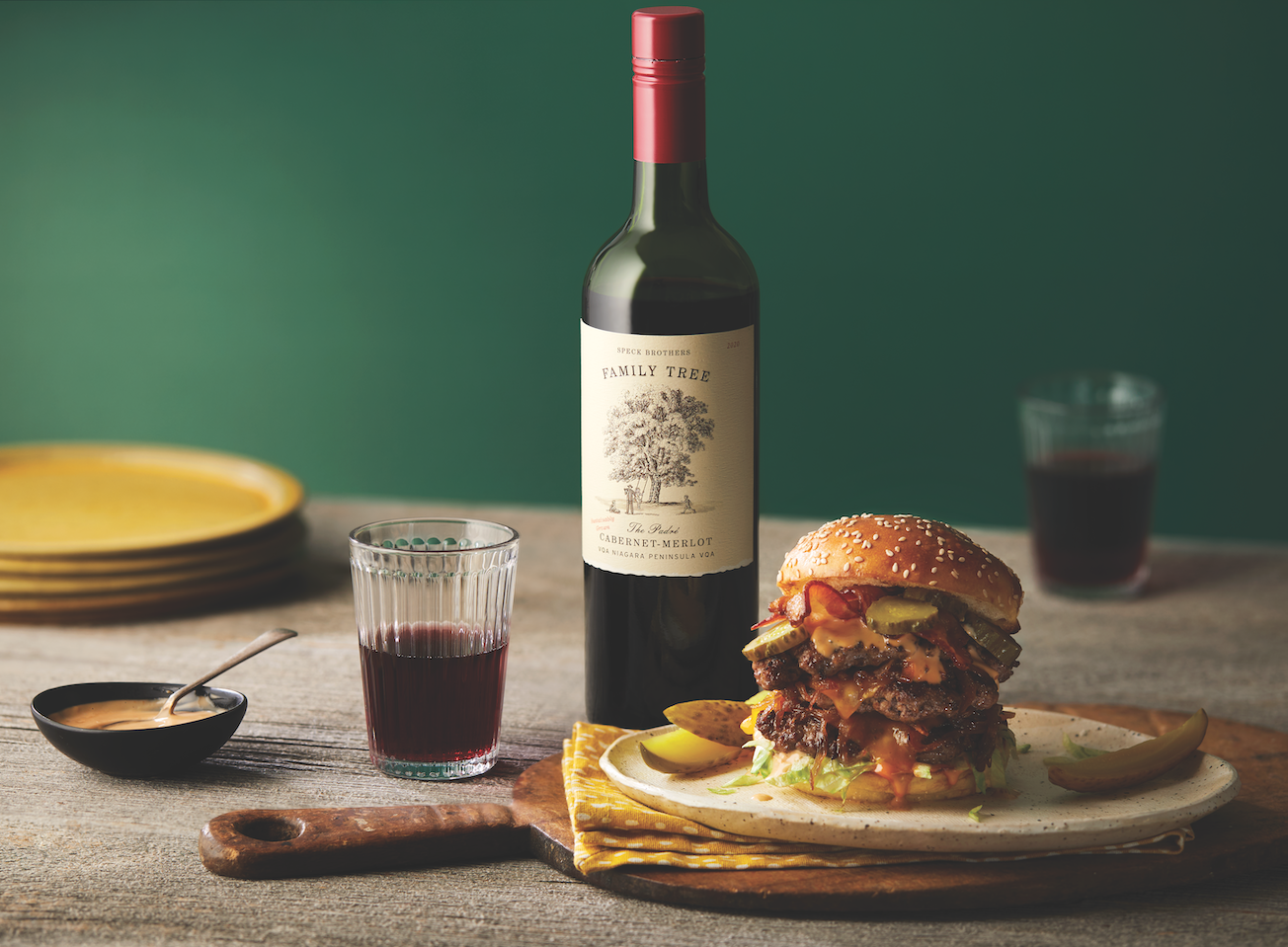 bottle of red wine with a burger