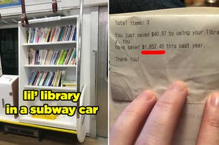 A library in a subway car, and a receipt that says how much money someone saved by checking out books instead of buying them