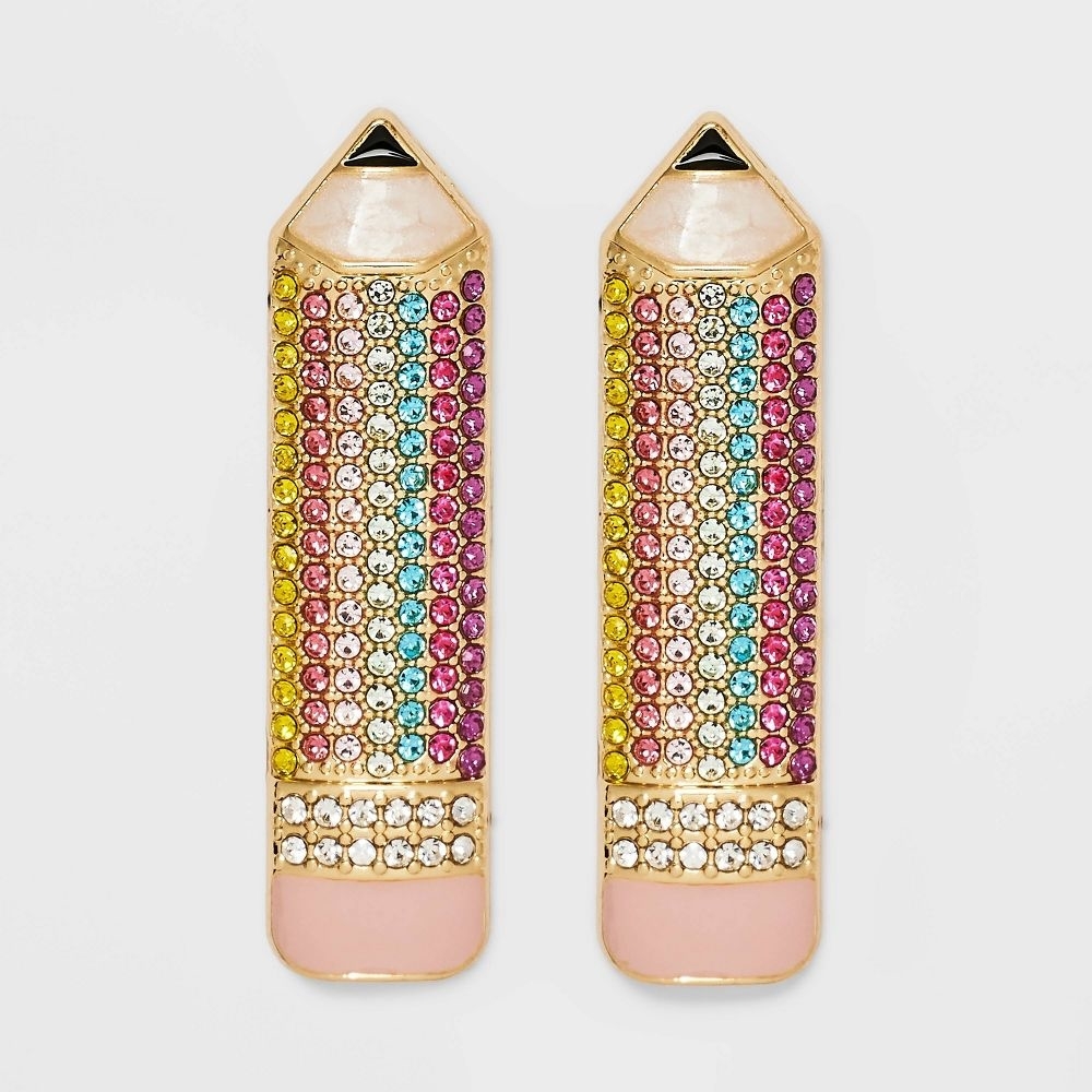 the earrings which are bejeweled completely in multiple colors