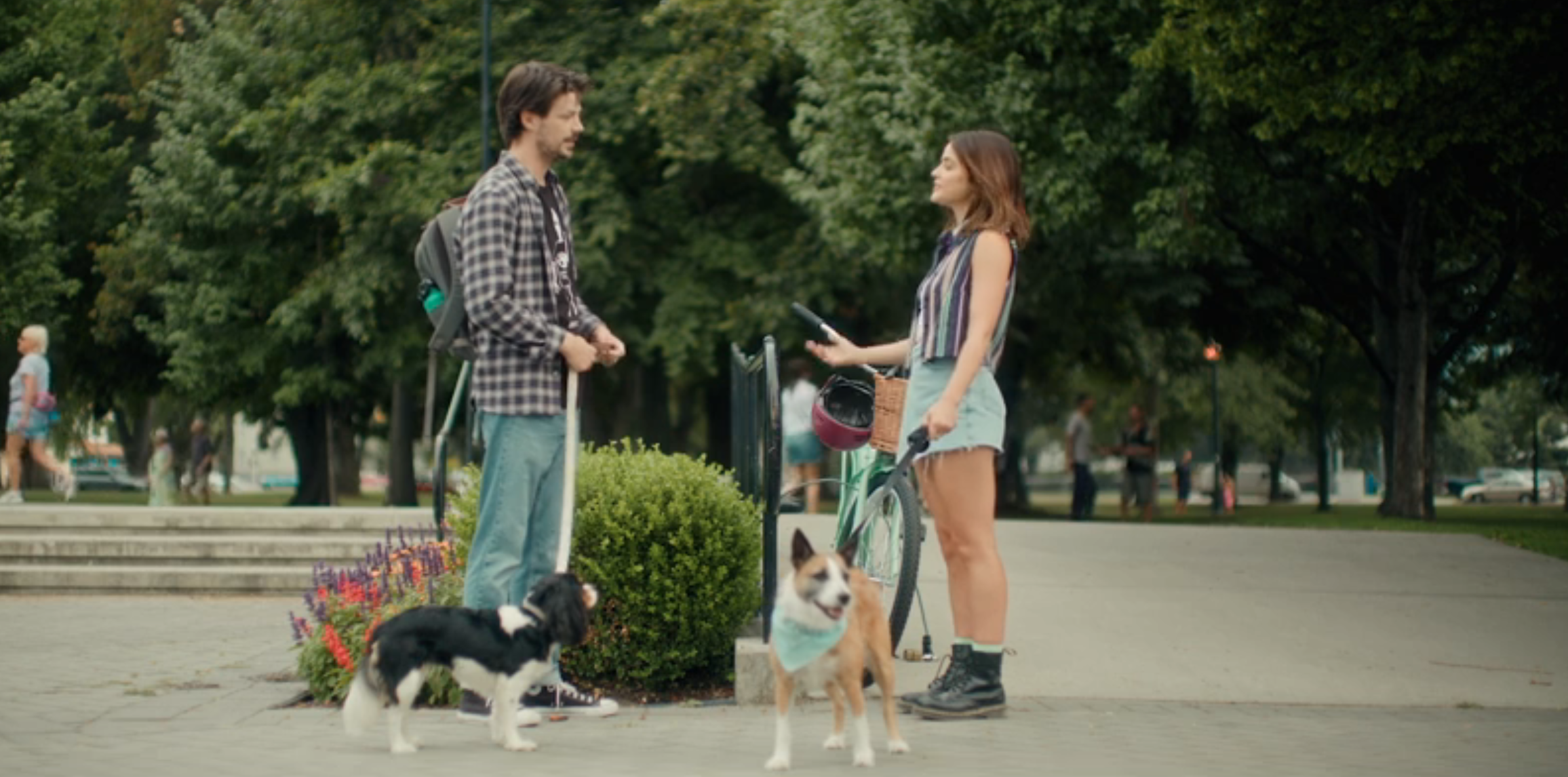 lucy hale and grant gustin with dogs at the park