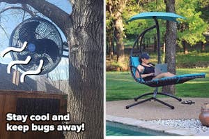 side by side photos of a fan in a tree and a person in a swinging lounge chair