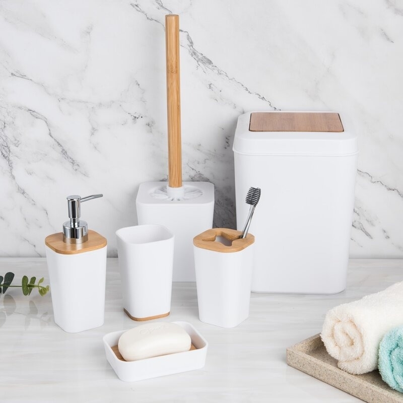 the six-piece bathroom set with a soap dispenser, toothbrush holder, and more