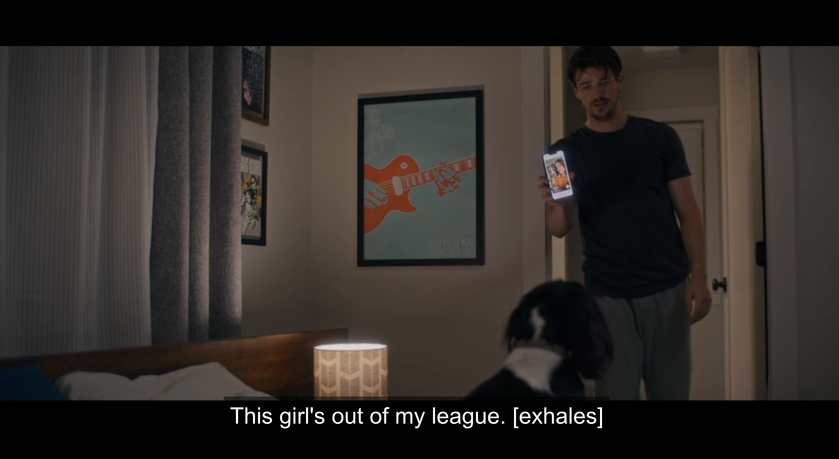 grant gustin in puppy love showing phone to dog, says &#x27;this girl&#x27;s out of my league&#x27; and exhales