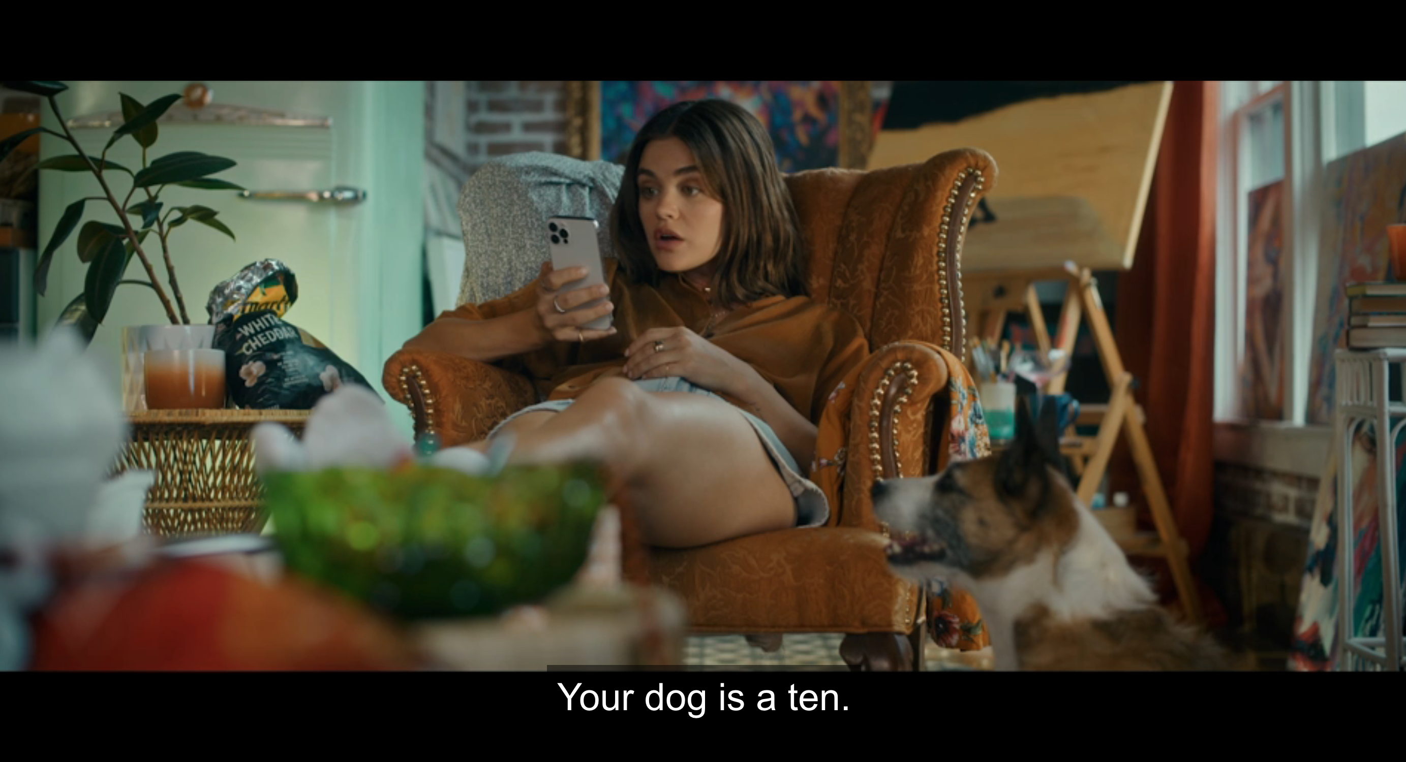 lucy hale in same scene looks surprised, says &#x27;your dog is a ten&#x27;