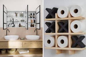 on left: double white sinks on bathroom vanity below bathroom cabinet. on right: Tic-Tac-Toe toilet paper storage board