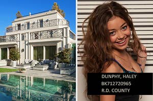 On the left, a fancy, modern home with a pool out back, and on the right, Haley from Modern Family posing for her mugshot