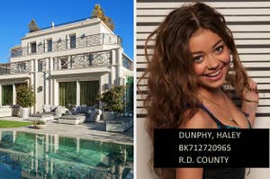 On the left, a fancy, modern home with a pool out back, and on the right, Haley from Modern Family posing for her mugshot