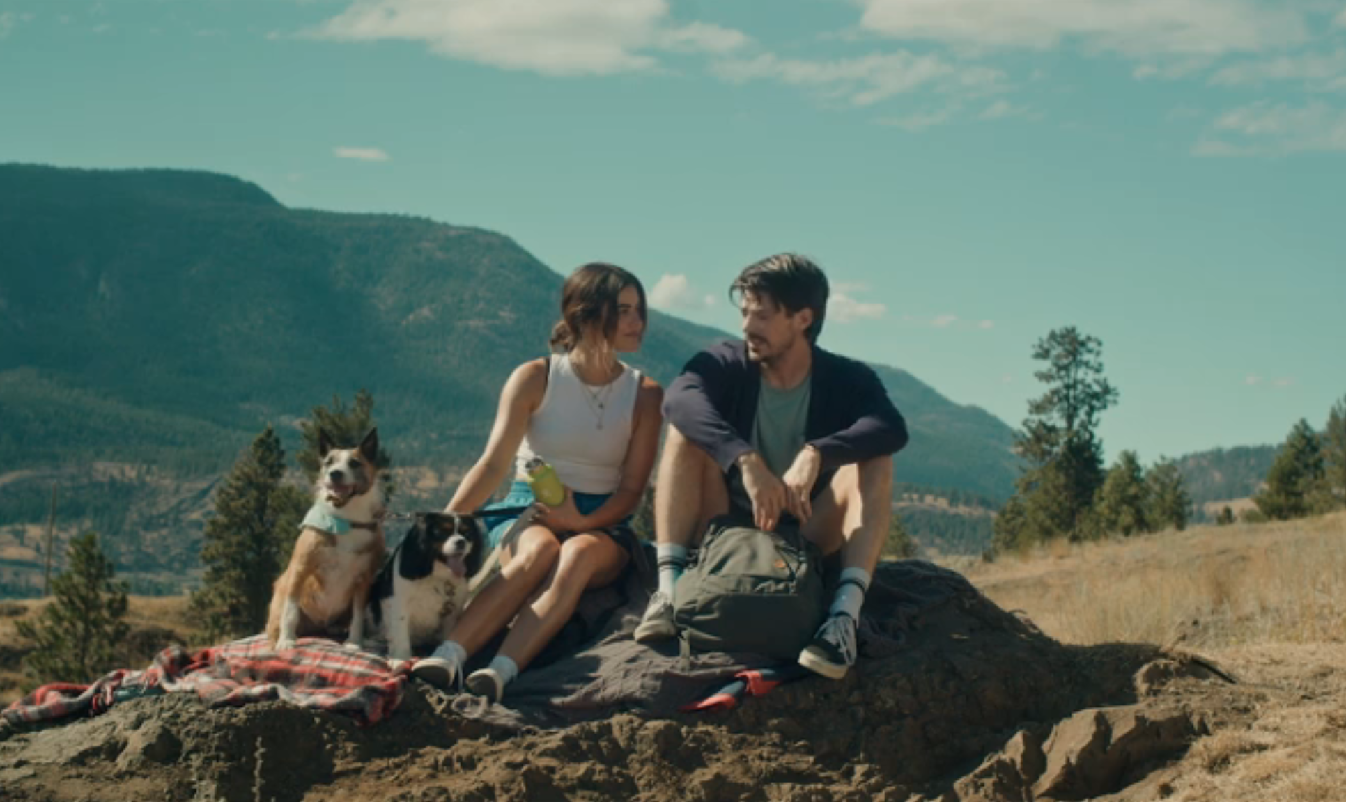 grant gustin and lucy hale having picnic with dogs at top of mountain