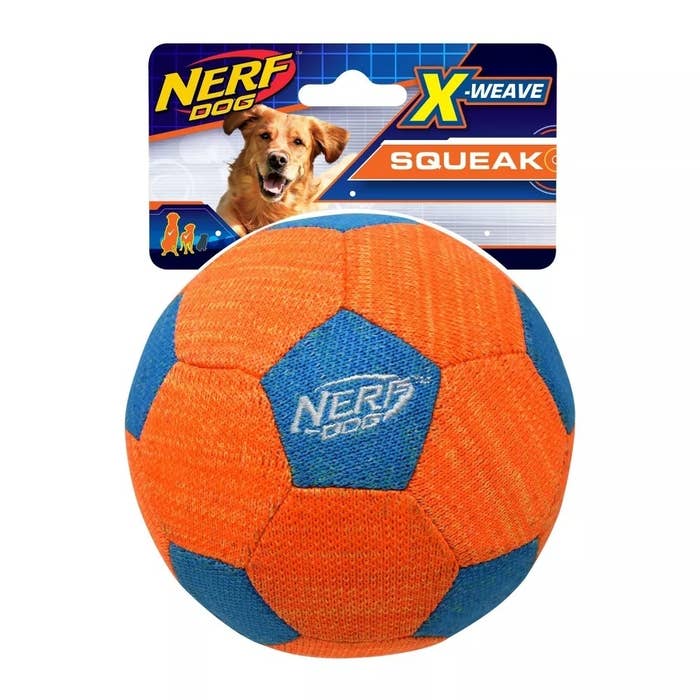 An orange and blue Nerf soccer ball