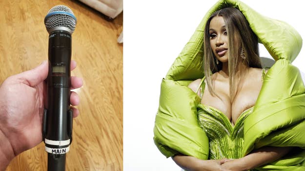 a microphone and cardi b are pictured