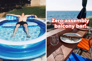 L: reviewer relaxing in an inflatable pool R: zero-assembly balcony bar