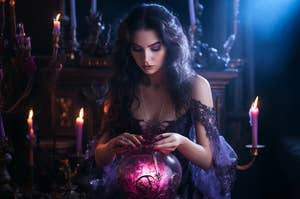A witch sitting in a darkened room illuminated by candles making a potion