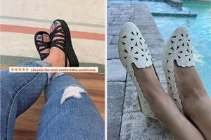 A reviewer wearing strappy platform sandals/A reviewer wearing white flats with flower cutouts