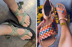 reviewer in green chacos / model wearing colorful braided huaraches