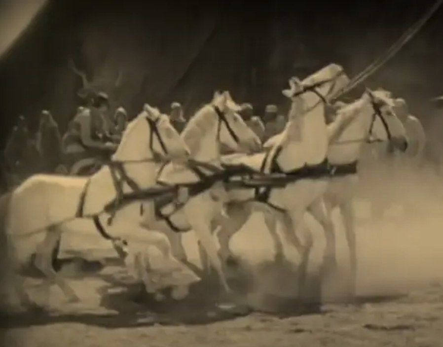 A scene from the movie with chariot horses