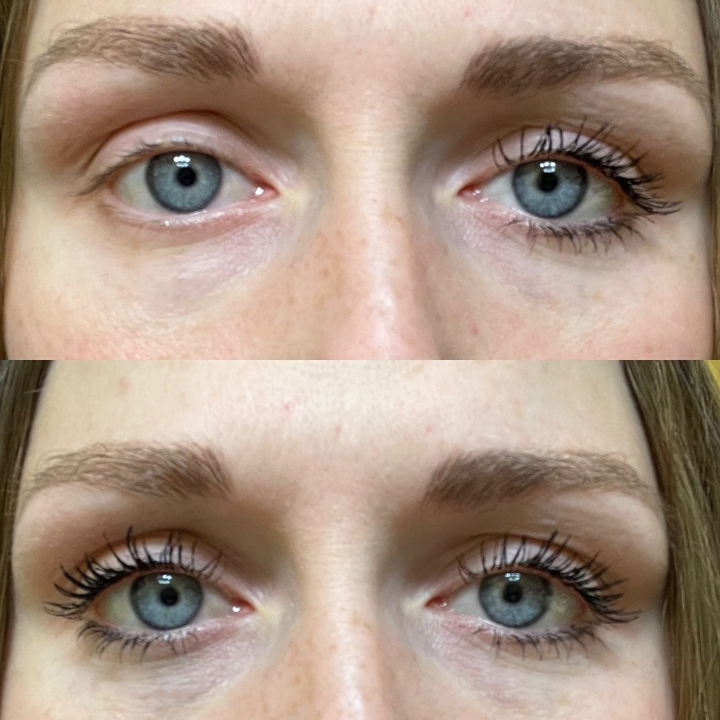 A reviewer&#x27;s eyes in two images: one with mascara on one eye and not on the other to show the difference the mascara makes, and one with the mascara on both eyes, with defined, lengthened looking lashes