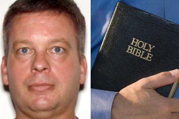 a man in a mugshot and a bible