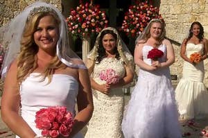 four women standing in wedding dresses from the show four weddings