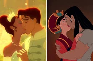 Tiana and Naveen kiss at their wedding next to a separate image of Mulan and Li Shang at their wedding.