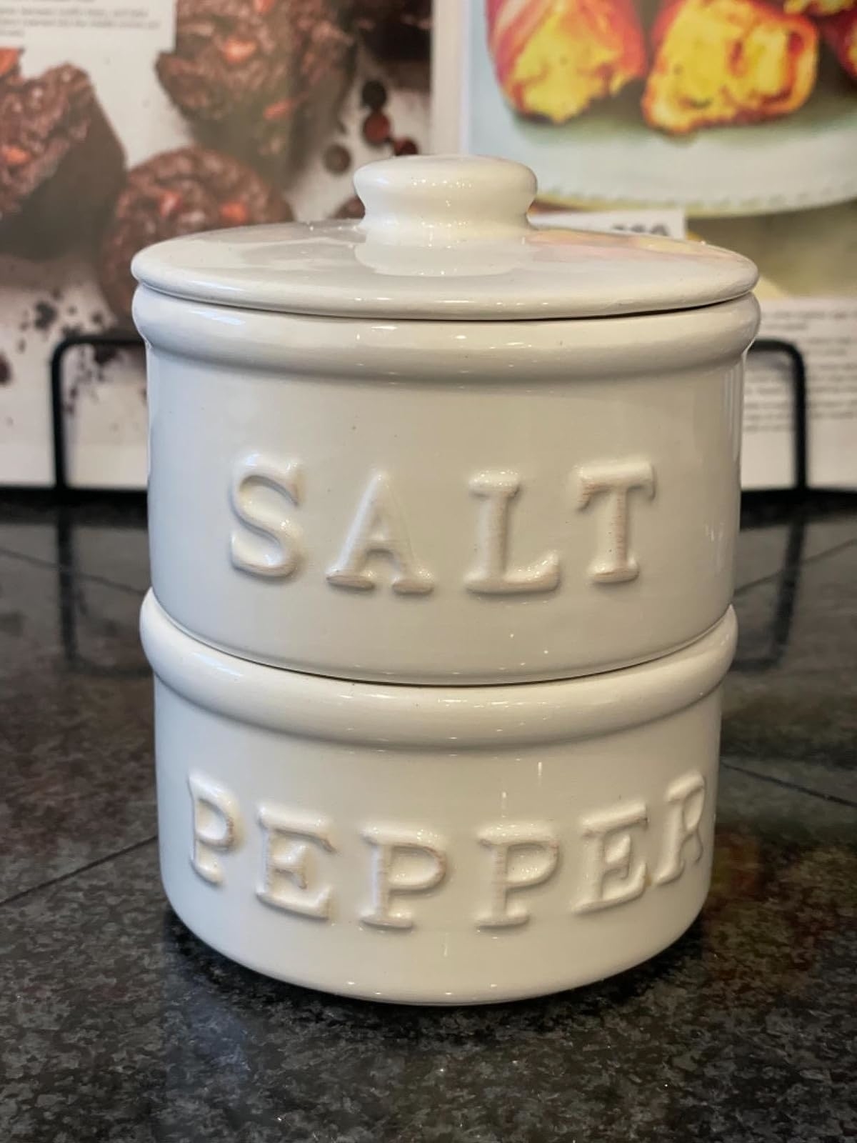 Reviewer image of the salt and pepper cellar on their countertop