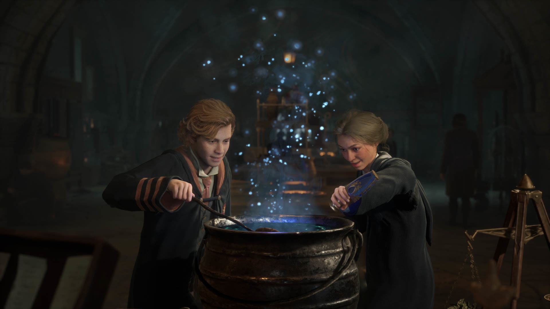 Two students brew a glowing blue potion