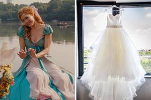 Amy Adams sitting by the water as Giselle in Enchanted, and on the right, a wedding gown hanging up by a window