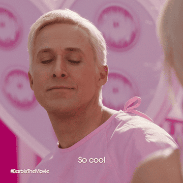 a gif of ryan gosling as ken saying &quot;so cool&quot;