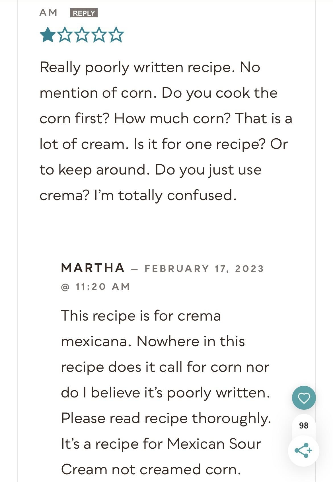 &quot;It&#x27;s a recipe for Mexican Sour Cream not creamed corn.&quot;