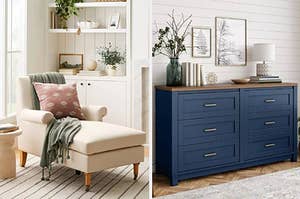 on left: white chaise chair. on right: blue six-drawer dresser