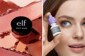 on left: container of E.l.f. Putty Blush. on right: model holding Bausch + Lomb Lumify eye drops