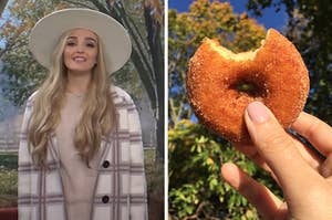 On the left, Chloe Fineman wearing a hat, a sweater, and a patterned coat in an SNL sketch, and on the right, someone holding up an apple cider donut